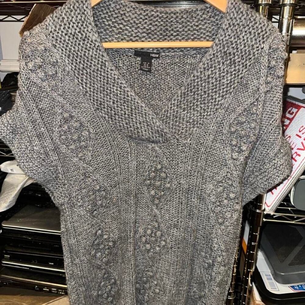 H-m Women's Grey Jumper Wool Cable-Nit Sweater Wide V-Neck Medium
